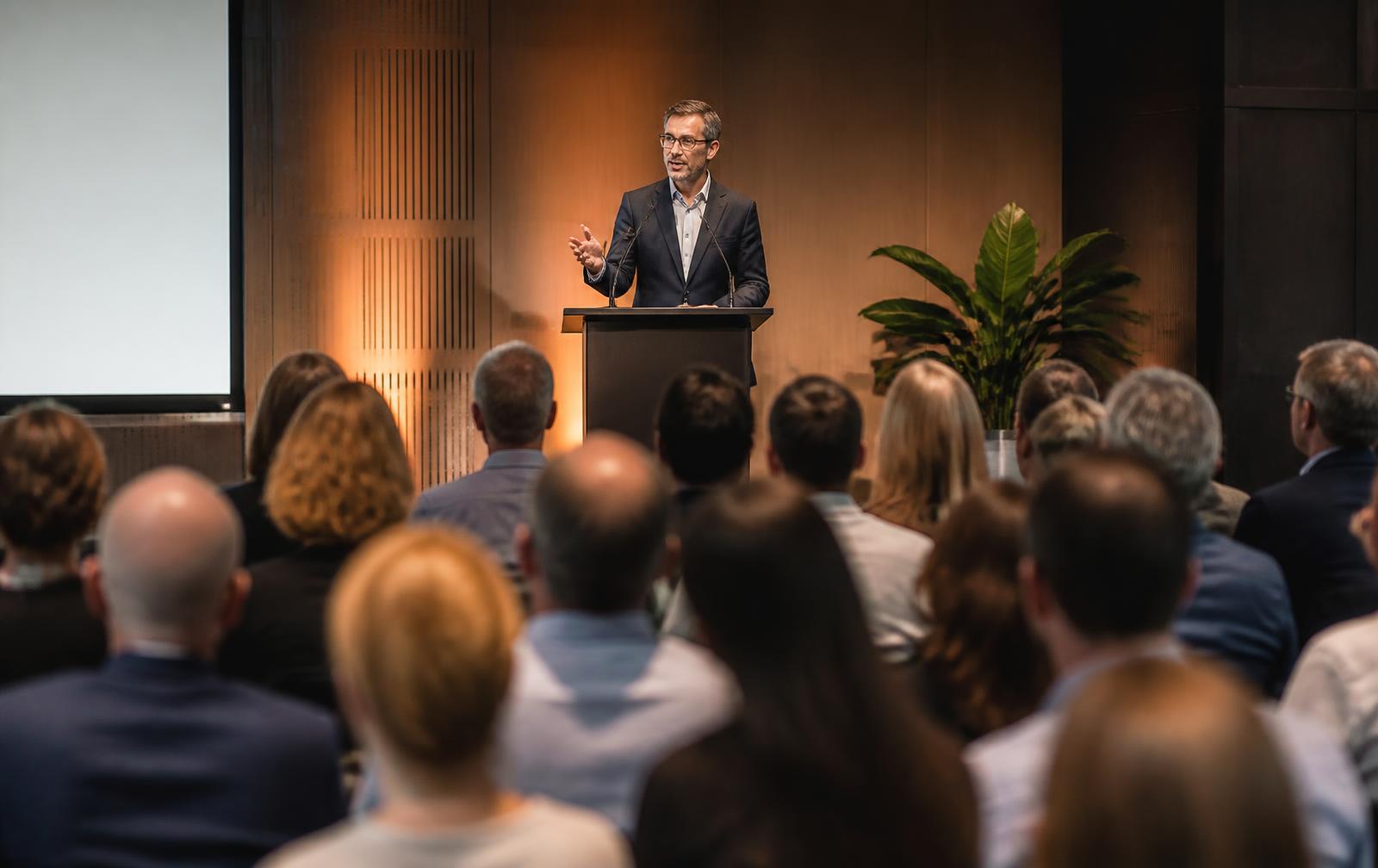 Referent an einem Business Event vor Publikum